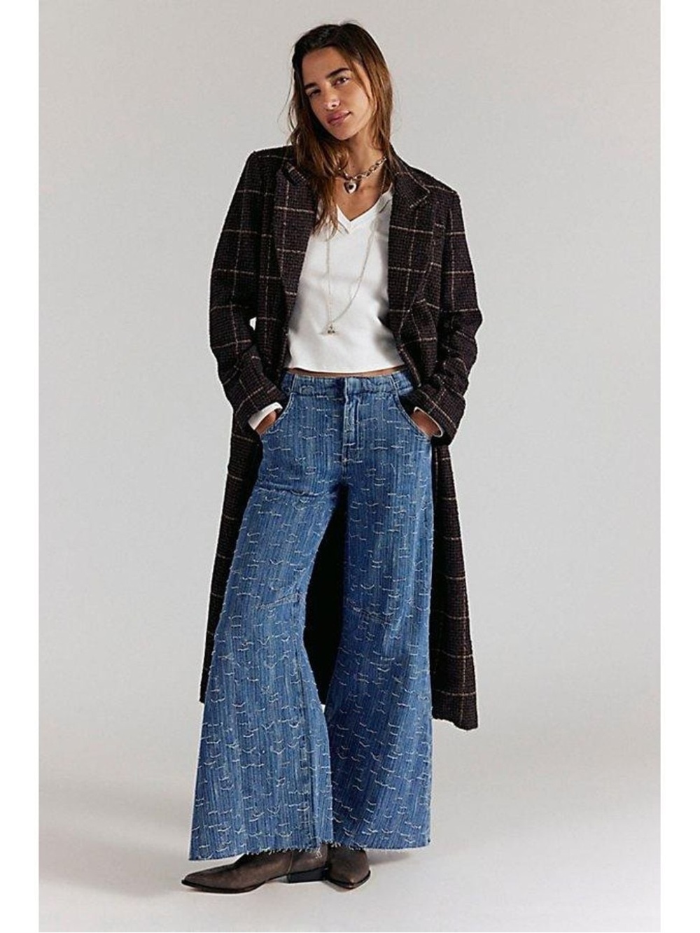 Free People Distressed Blue Wide-Leg High-Rise Jeans